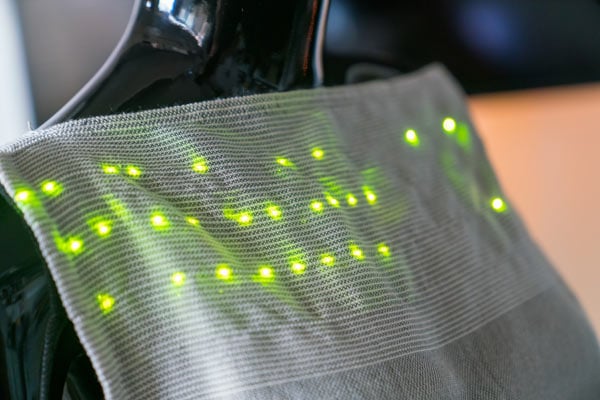 An example of wearable technology (namely a fabric embedded with a light-up display function) created using the University of Nottingham Trent’s E-yarn technology.