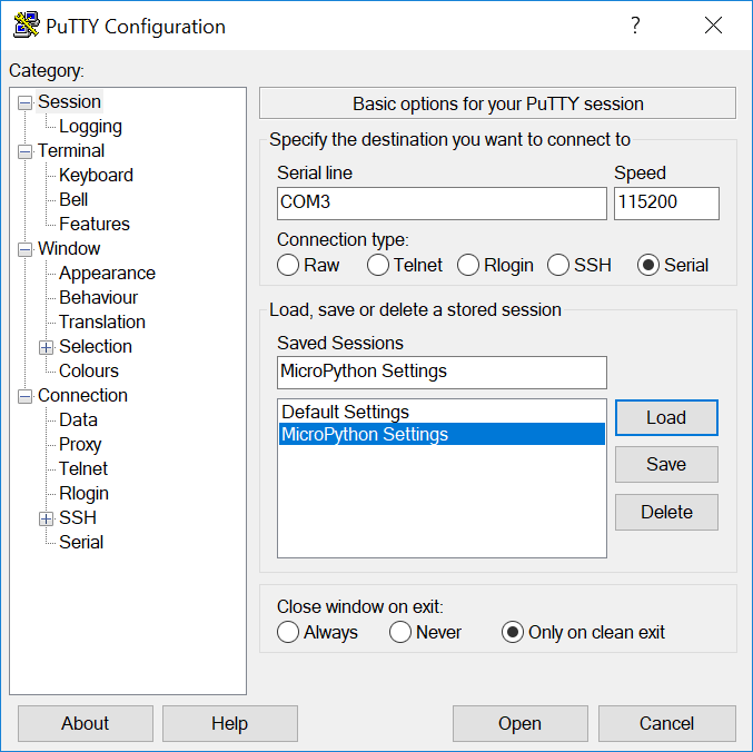 PuTTY configuration window