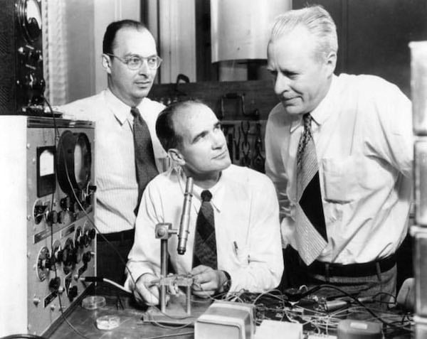 A photo of John Bardeen, William Shockley, and Walter Brattain.