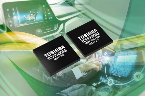 Toshibaâ€™s two interface bridge integrated circuits (pictured over a driver using an in-vehicle infotainment system): the TC9594XBG and the TC9595XBG. 