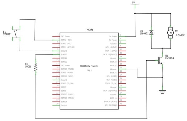 Circuit schematic diagram for the Raspberry Pi Zero WH based mini PAC DC motor controller.