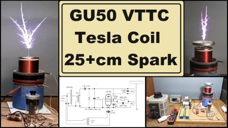Simple GU50 VTTC Tesla Coil with MOT (25+cm Spark)