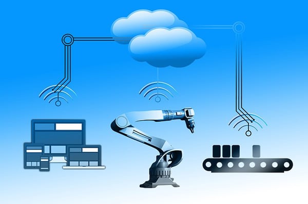 The ultra-low latency features of 5G are set to revolutionise the industrial internet of things (and much more). Pictured, left to right: graphics of four smart devices, a robotic arm, and a factory conveyor belt—each under an electronic communication symbol.