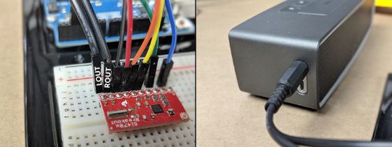 audio connections between the Si4703 breakout board and the powered speaker.