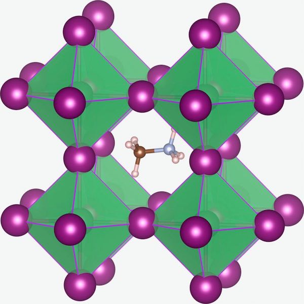 Illustration of CH3NH3PbI3 perovskite crystal structure.