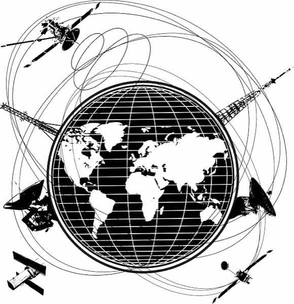 Telecommunications concept: a graphic that shows the world map surrounded by communications antennas and both ground and aerial satellites.