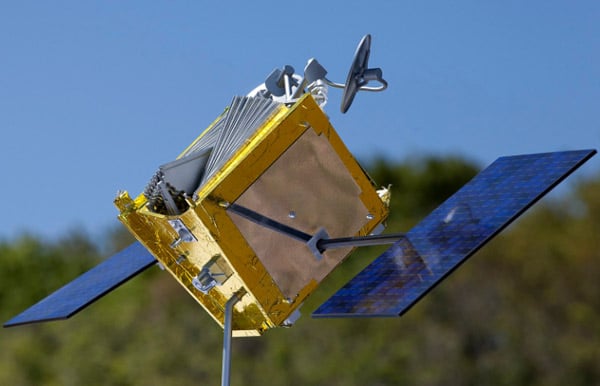 A model of a OneWeb satellite that is designed to provide global internet connectivity.